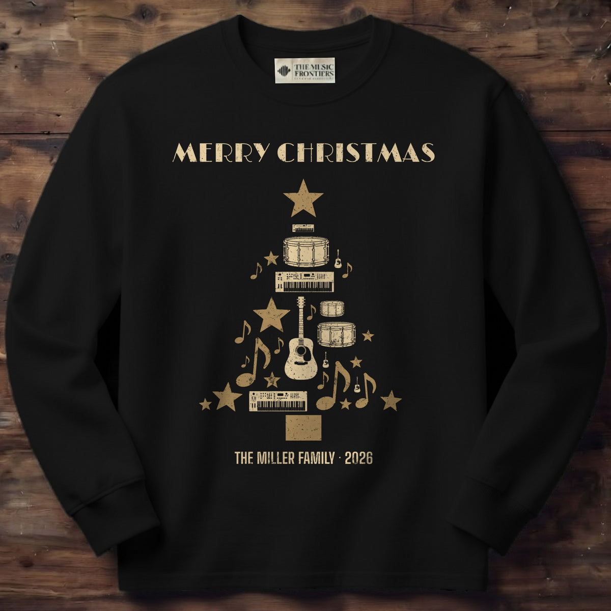 Black long sleeve shirt with the personalized Musician Christmas Tree design