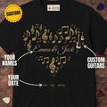 Black t-shirt with the personalized Music Notes Heart design, custom guitars, names and date labeled