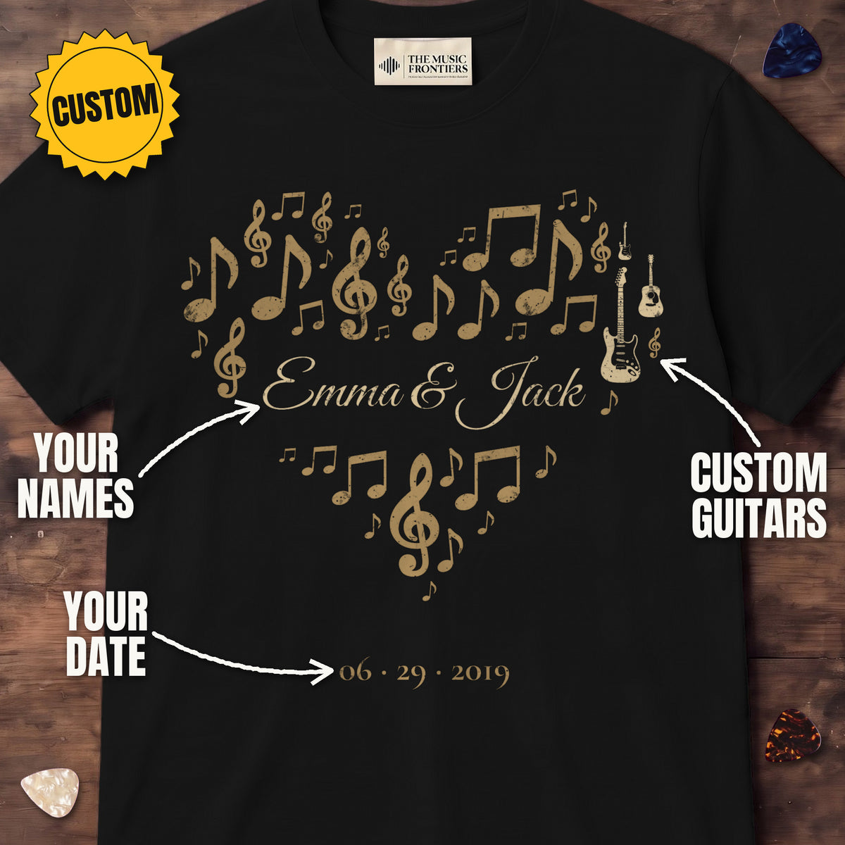 Black t-shirt with the personalized Music Notes Heart design, custom guitars, names and date labeled