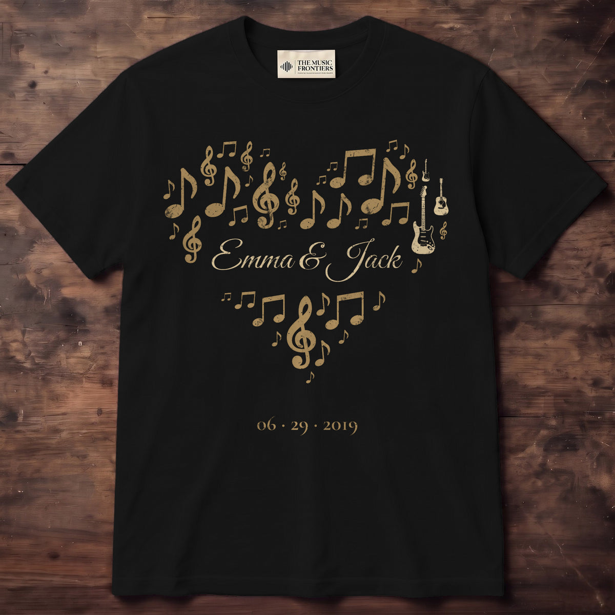 Black t-shirt with the personalized Music Notes Heart design