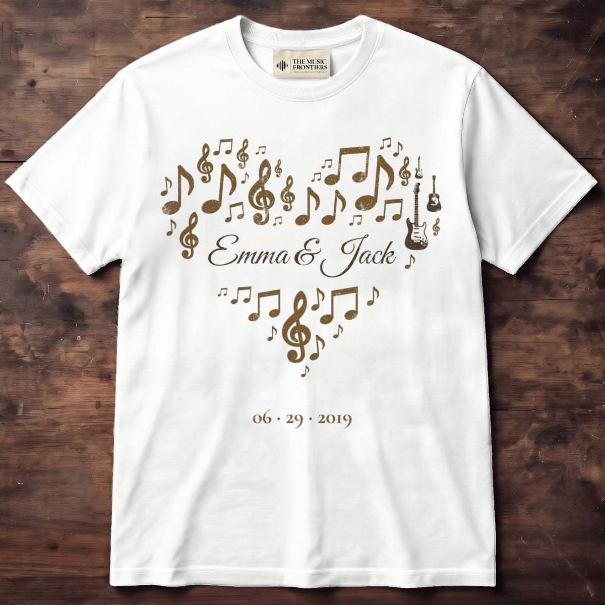 White t-shirt with the personalized Music Notes Heart design