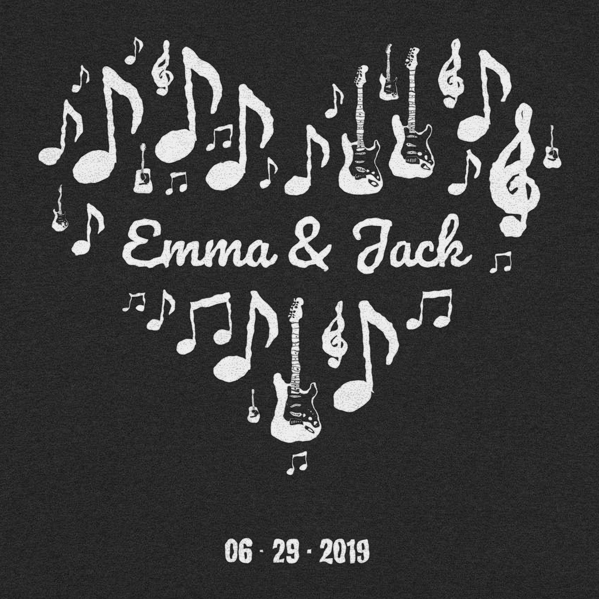 Music Notes Heart – Couple Names Love Song Art - close-up of the print on the black shirt