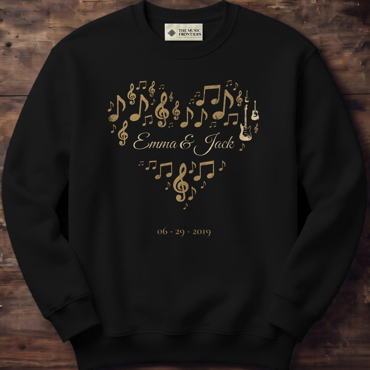 Black sweatshirt with the personalized Music Notes Heart design