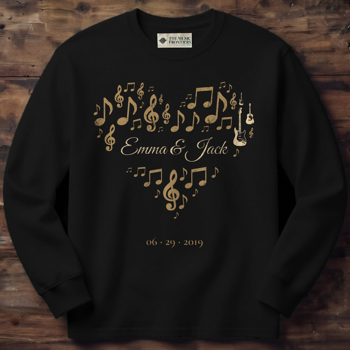 Black long sleeve shirt with the personalized Music Notes Heart design
