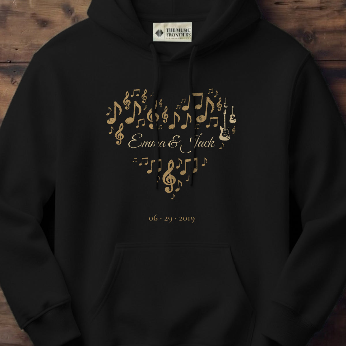 Black hoodie with the personalized Music Notes Heart design