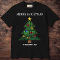 Black tee with family names forming a green Christmas tree with red and gold ornaments, a gold star and The Miller Family 2026