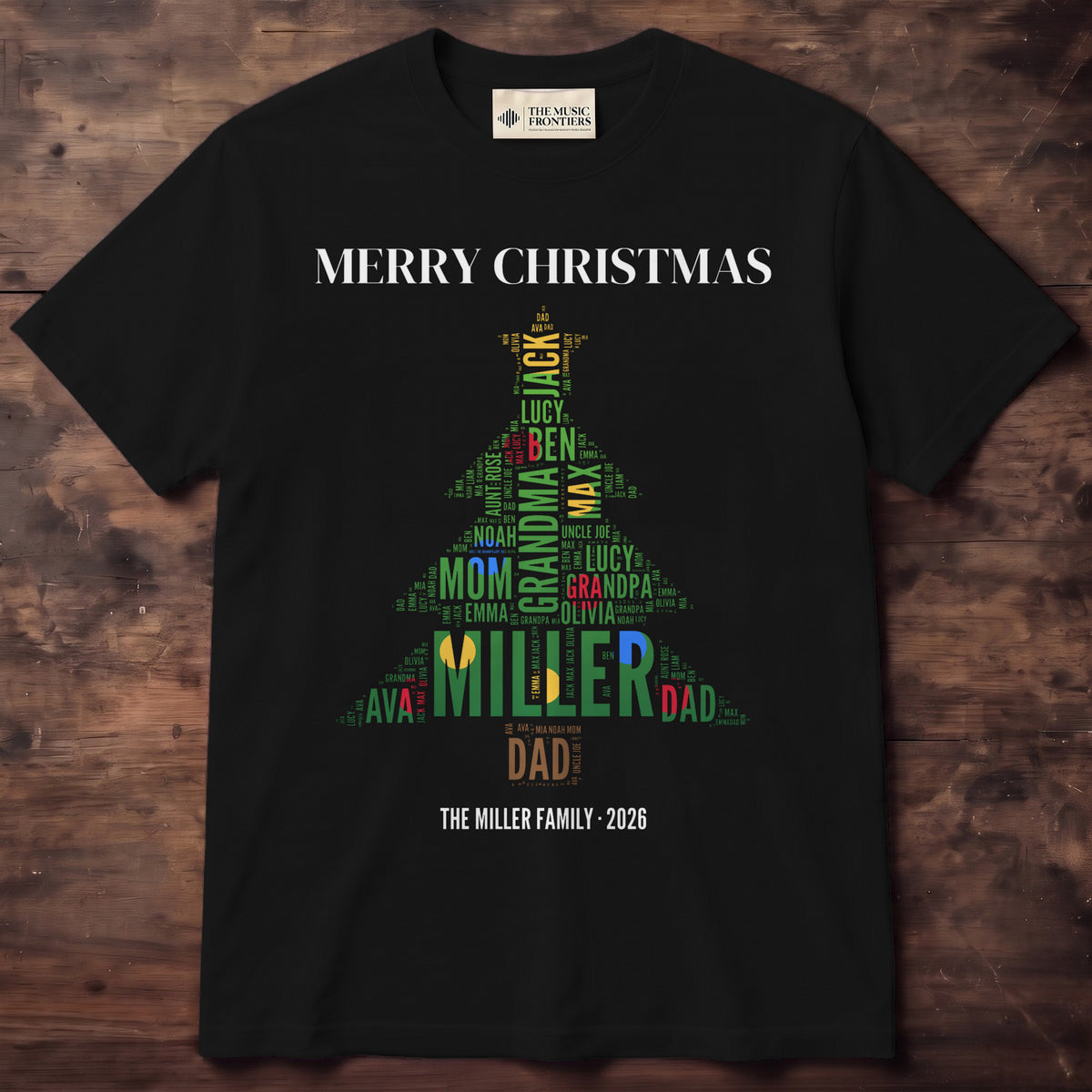 Black t-shirt with the personalized Family Christmas Tree Word Art design