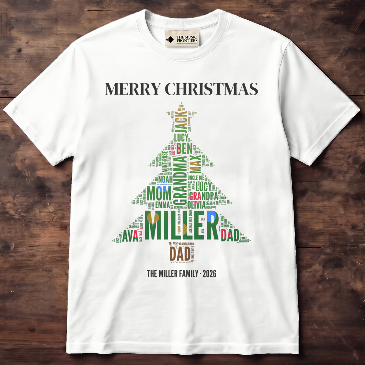 White t-shirt with the personalized Family Christmas Tree Word Art design