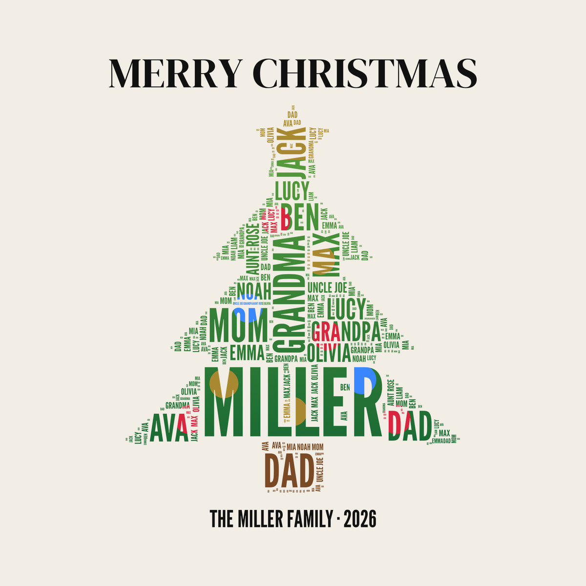 Family Christmas Tree Word Art design artwork on its own, personalized with your details