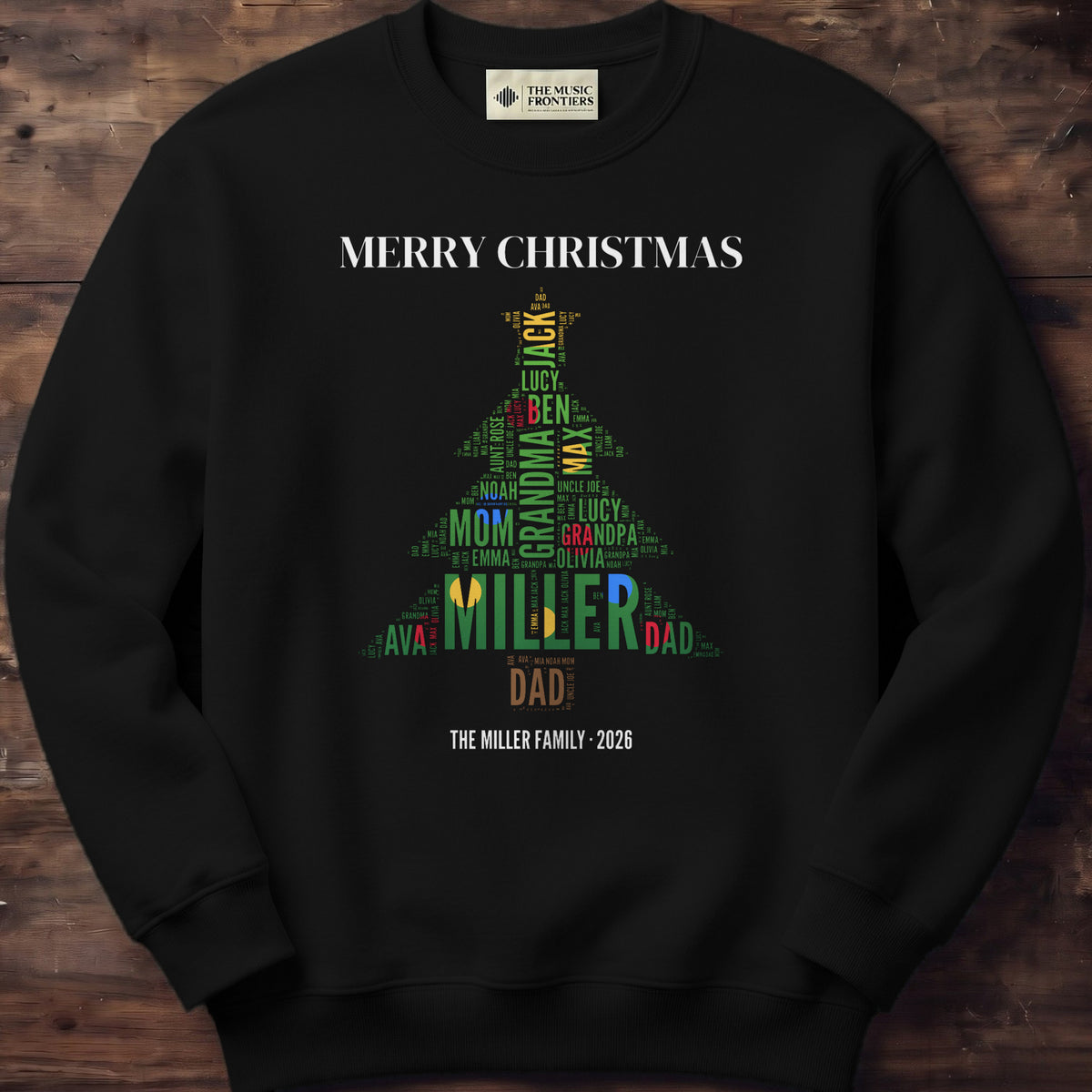 Black sweatshirt with the personalized Family Christmas Tree Word Art design