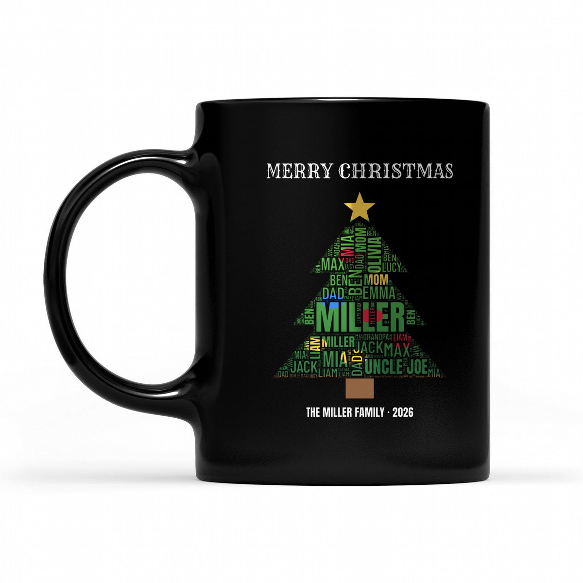 Family Christmas Tree Word Art – Everyone You Love in Green, Red & Gold - matching black mug