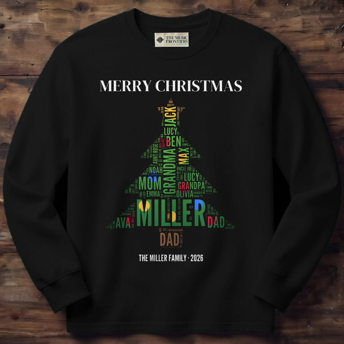 Black long sleeve shirt with the personalized Family Christmas Tree Word Art design