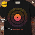 Black t-shirt with the personalized Vinyl Record Sunset Lyrics design, custom lyrics and title labeled