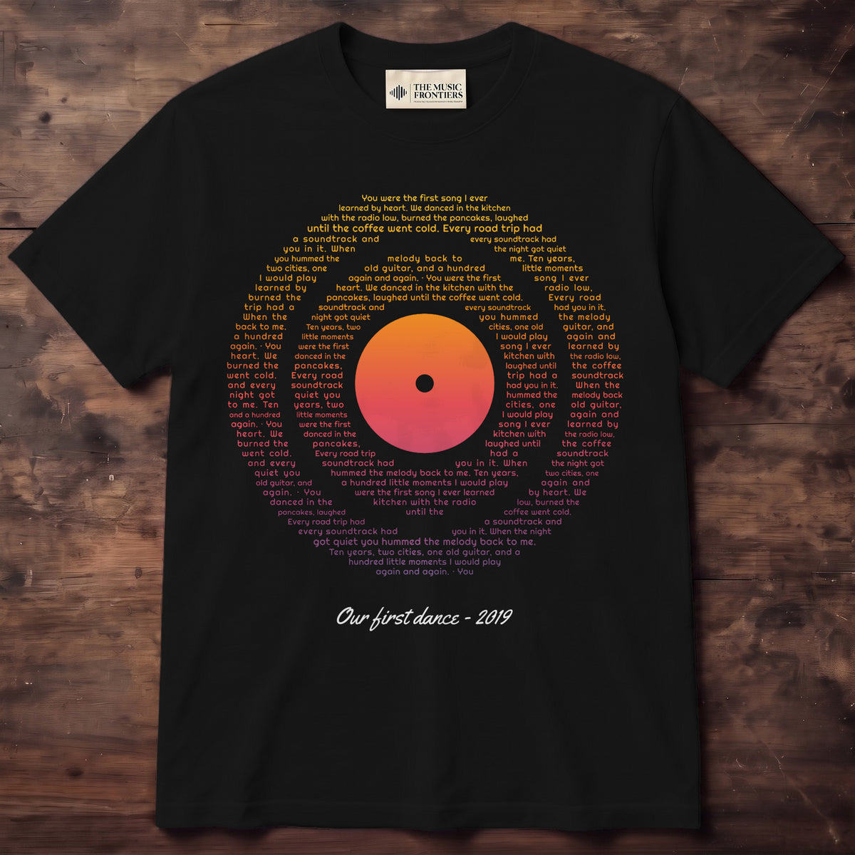 Black t-shirt with the personalized Vinyl Record Sunset Lyrics design