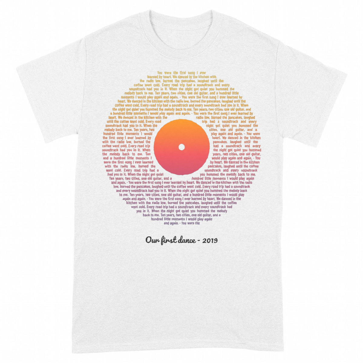 Vinyl Record Sunset Lyrics – Your Song on a Retro Sunset Record - White classic tee, front