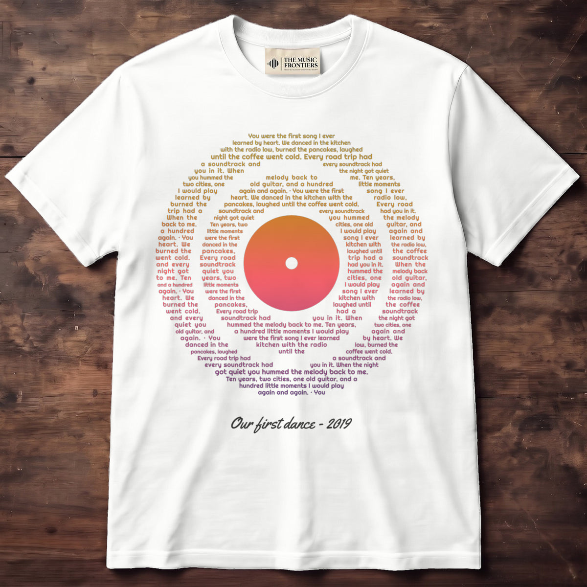 White t-shirt with the personalized Vinyl Record Sunset Lyrics design