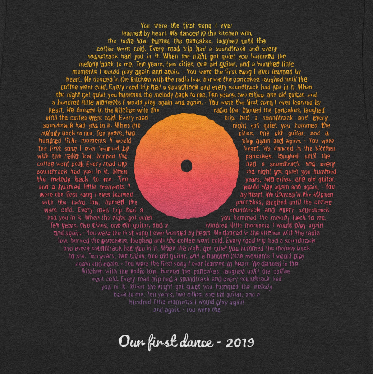 Vinyl Record Sunset Lyrics – Your Song on a Retro Sunset Record - close-up of the print on the black shirt
