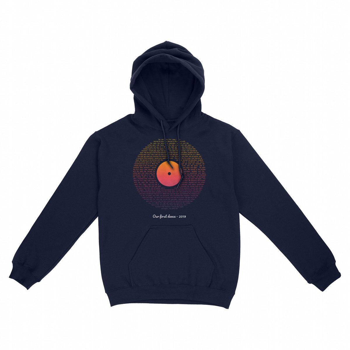 Vinyl Record Sunset Lyrics – Your Song on a Retro Sunset Record - Navy hoodie, front