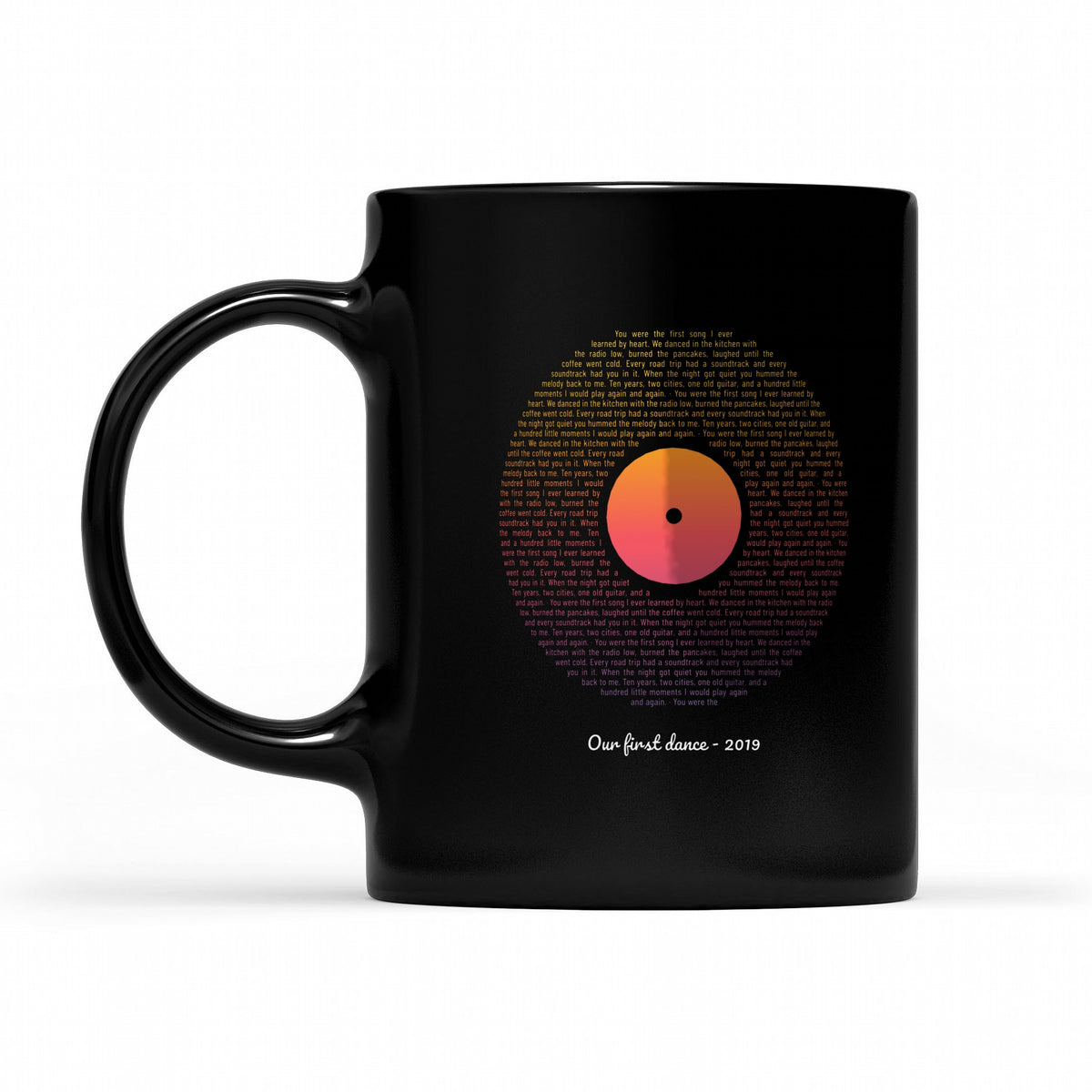 Vinyl Record Sunset Lyrics – Your Song on a Retro Sunset Record - matching black mug