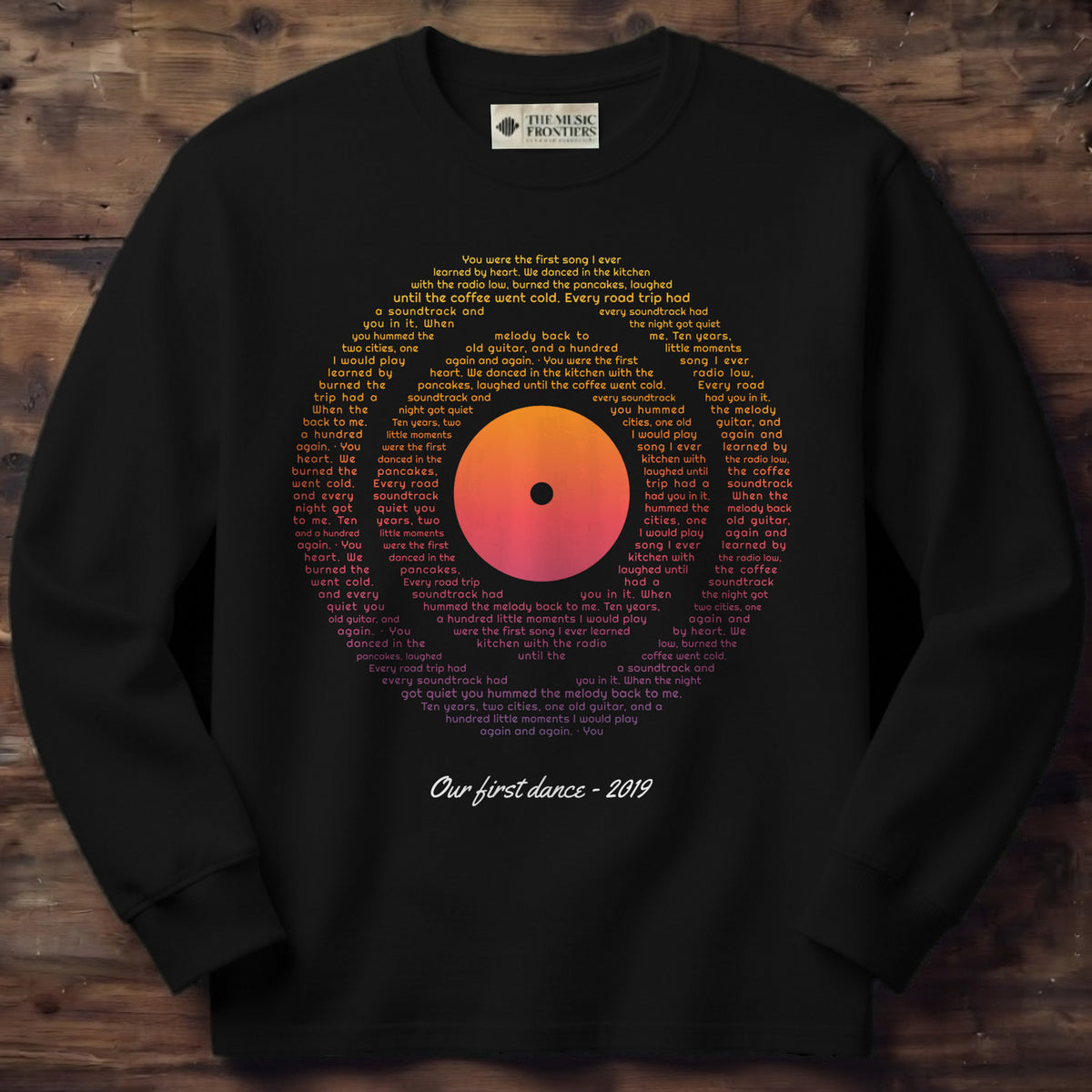 Black long sleeve shirt with the personalized Vinyl Record Sunset Lyrics design