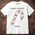 Black tee with family names forming a red and white striped candy cane above The Brown Family