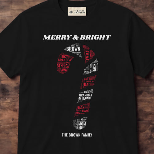 Black t-shirt with the personalized Candy Cane Family Names design