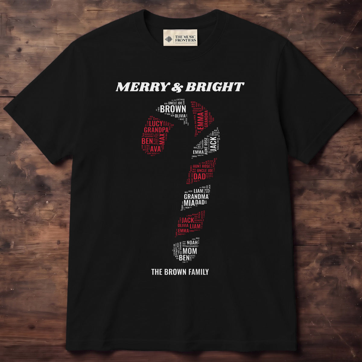 Black t-shirt with the personalized Candy Cane Family Names design