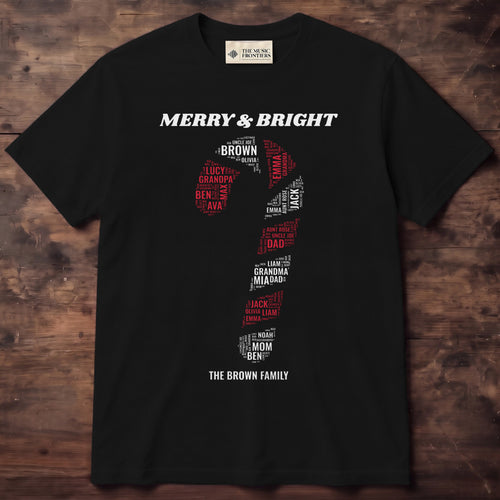 Black t-shirt with the personalized Candy Cane Family Names design