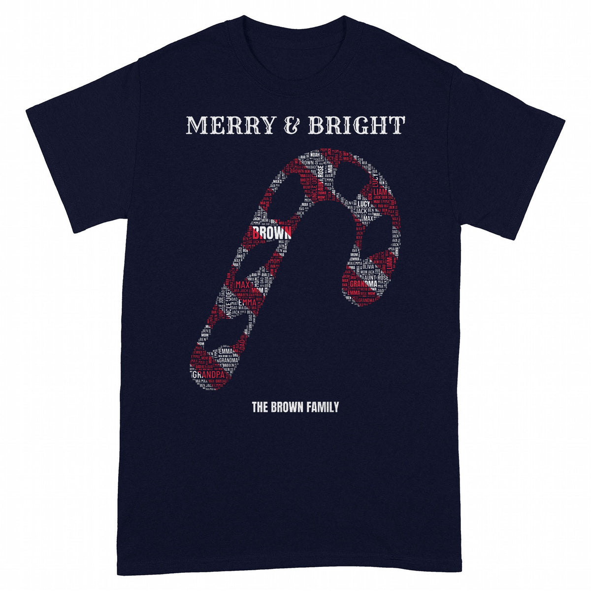 Candy Cane Family Names – Red & White Striped Christmas Word Art - Navy classic tee, front