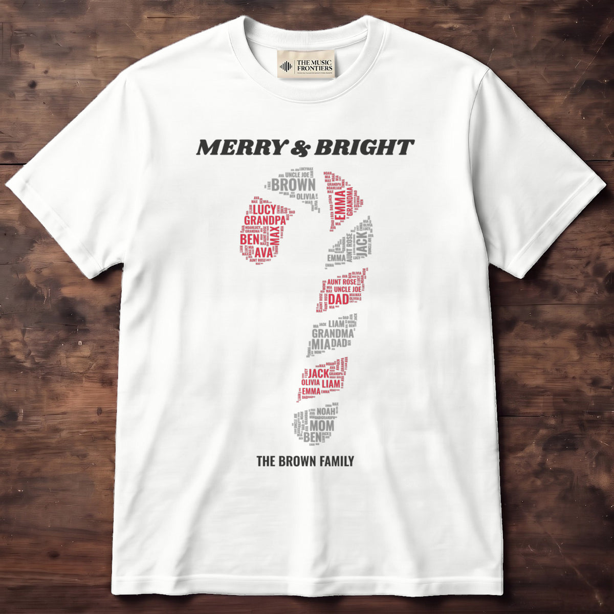 White t-shirt with the personalized Candy Cane Family Names design