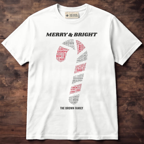 White t-shirt with the personalized Candy Cane Family Names design