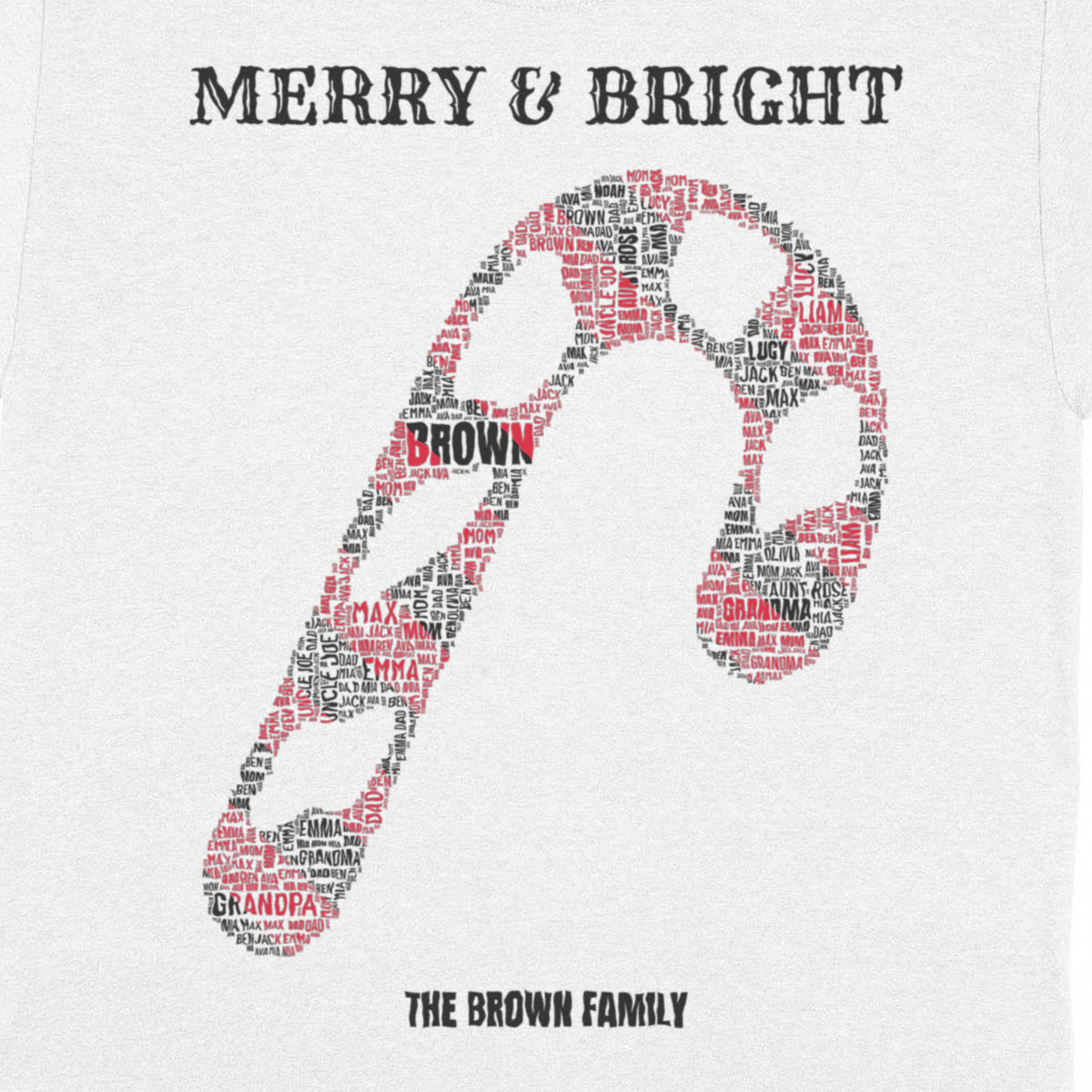 Candy Cane Family Names – Red & White Striped Christmas Word Art - close-up of the print on the white shirt