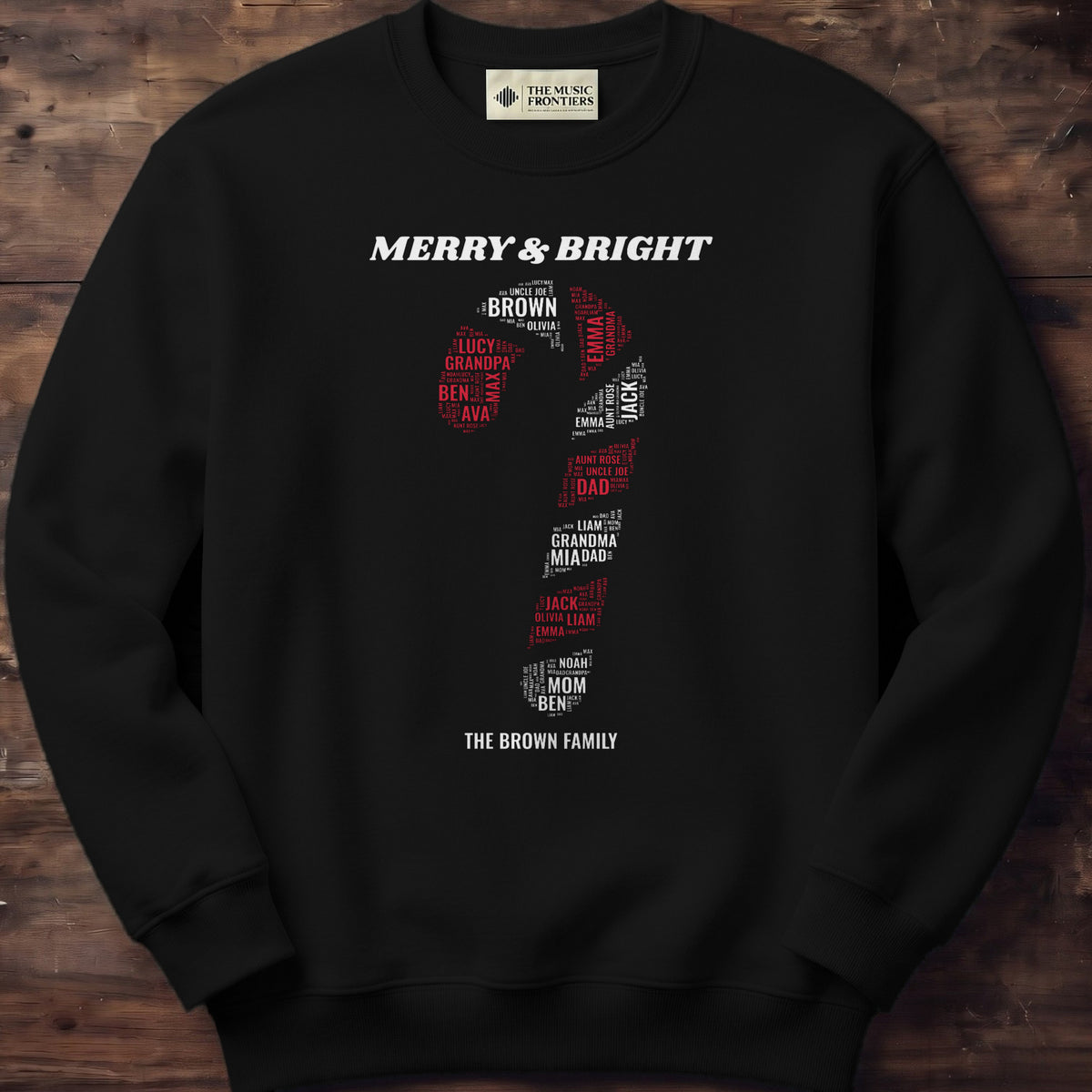 Black sweatshirt with the personalized Candy Cane Family Names design