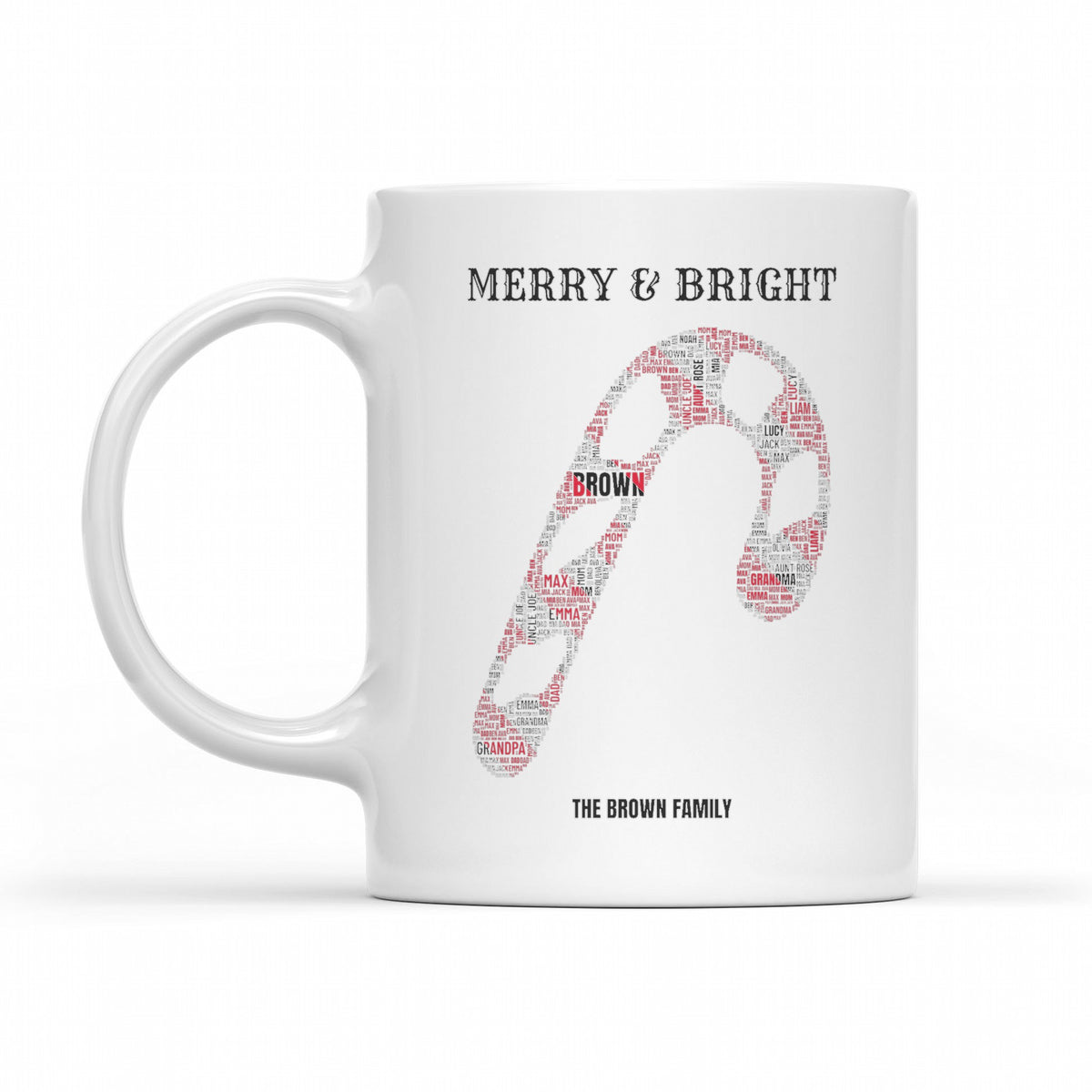 Candy Cane Family Names – Red & White Striped Christmas Word Art - matching white mug