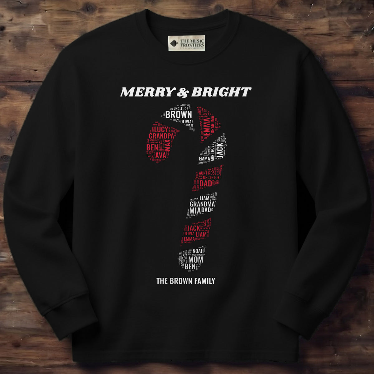 Black long sleeve shirt with the personalized Candy Cane Family Names design