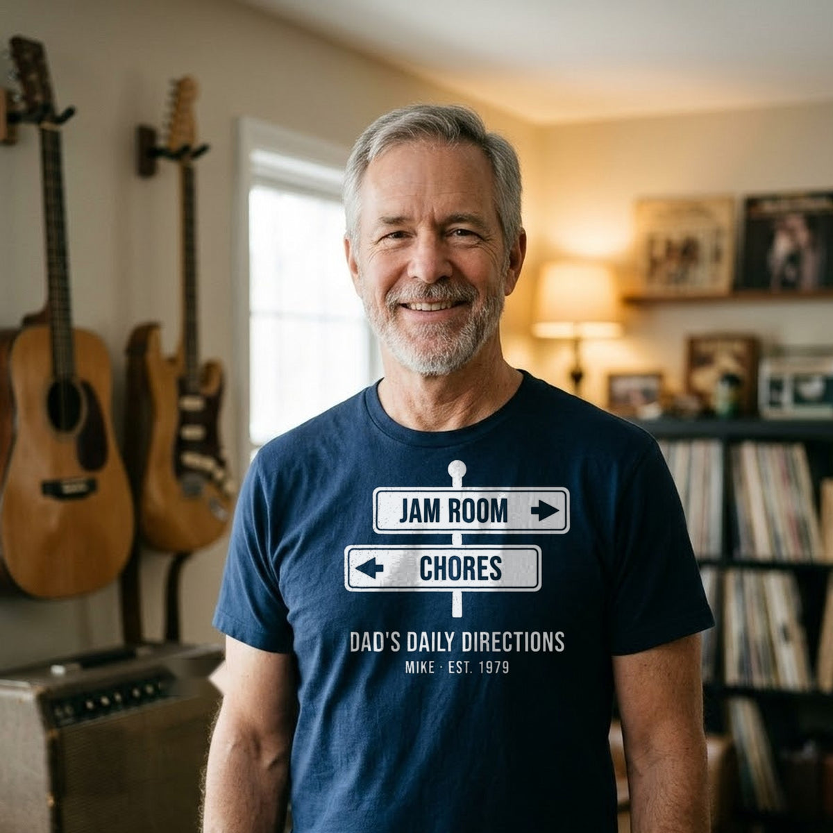 Jam Room This Way, Chores That Way Personalized Dad Shirt - man wearing the navy T-shirt