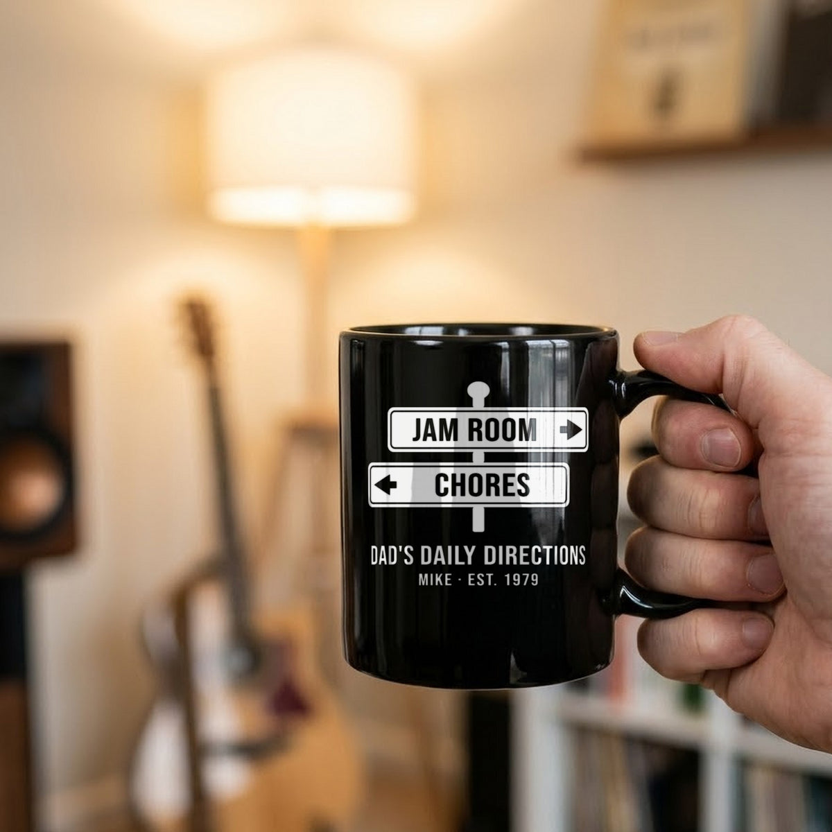 Jam Room This Way, Chores That Way Personalized Dad Shirt - matching black mug
