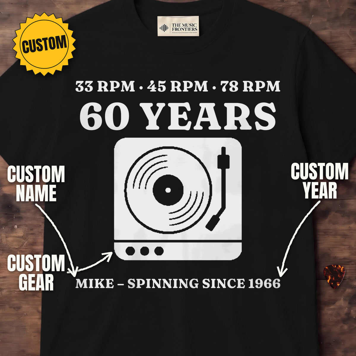 Black t-shirt with the personalized SPIN01 design, custom gear, name and year labeled
