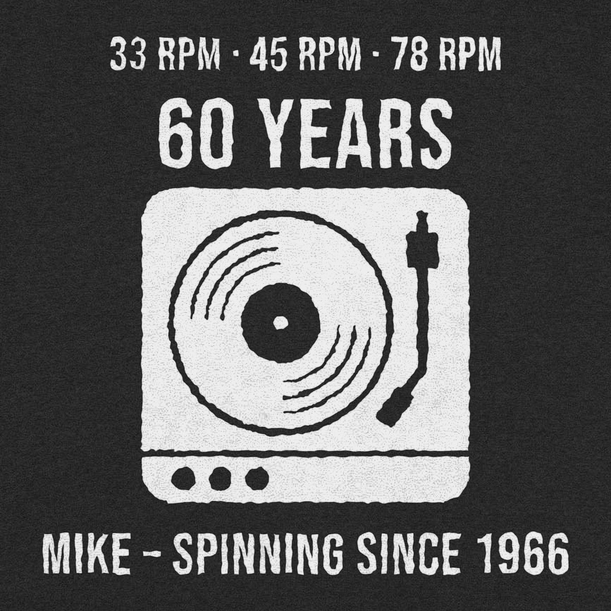 33 45 78 Your Age Turntable Personalized Birthday Shirt - close-up of the print on the black shirt