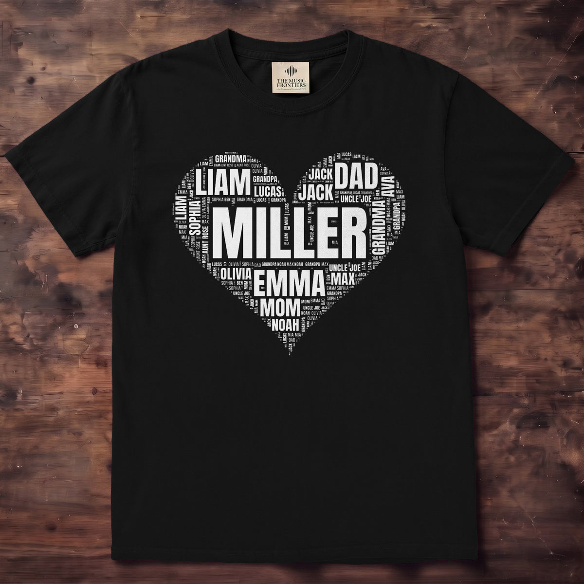 Black Comfort Colors t-shirt with the personalized Your Names in a Shape design