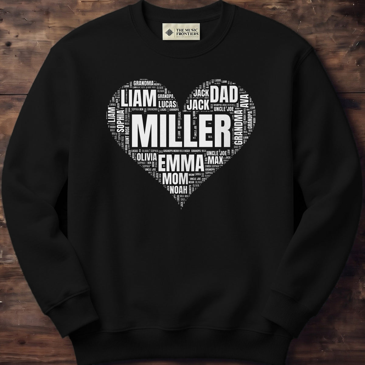 Black sweatshirt with the personalized Your Names in a Shape design