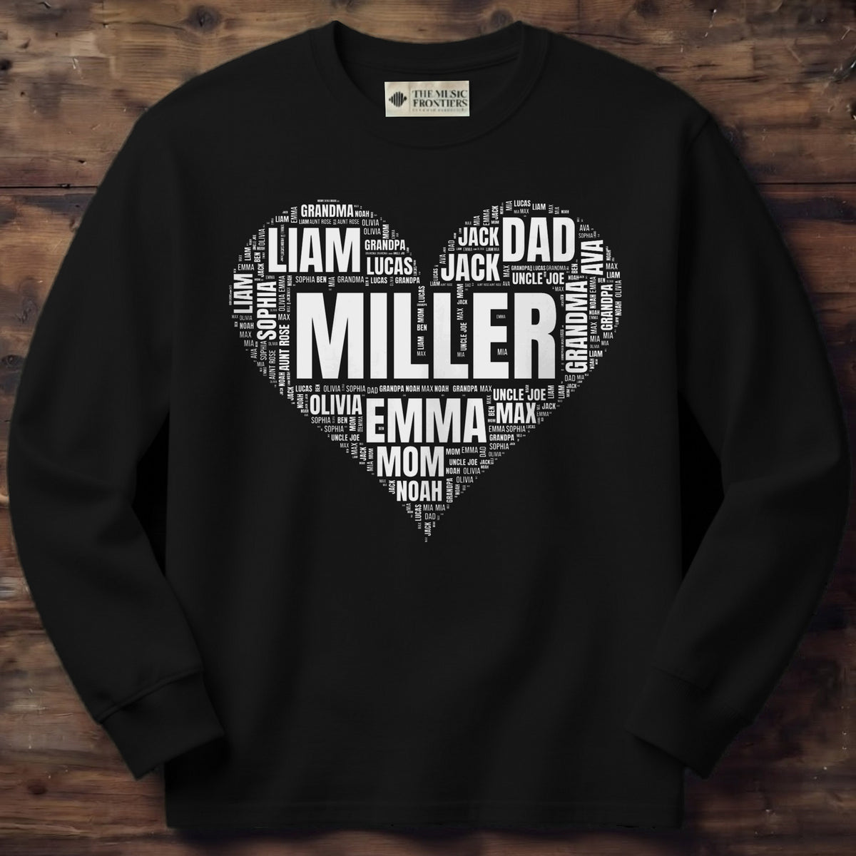 Black long sleeve shirt with the personalized Your Names in a Shape design