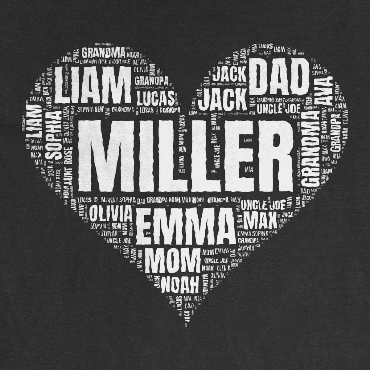close-up of the names heart print: family names packed into a heart shape