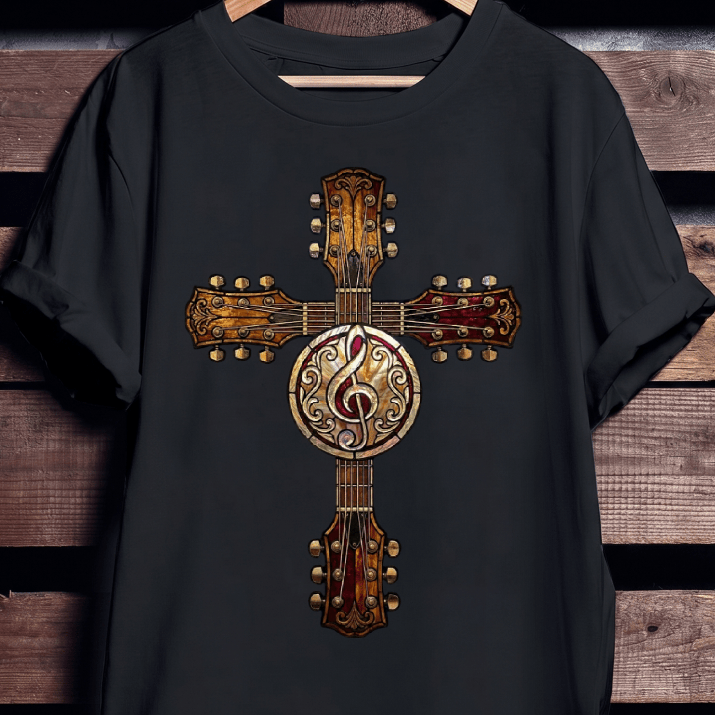 Stained Glass Guitar Cross Tee — Musician Faith Shirt - The Music Frontiers