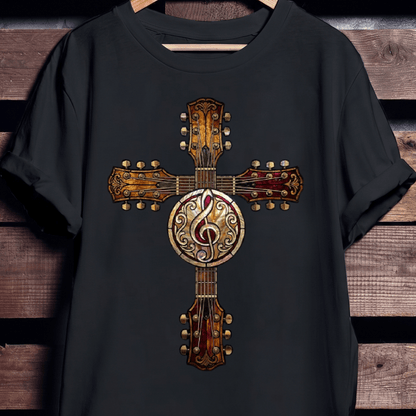 Stained Glass Guitar Cross Tee — Musician Faith Shirt - The Music Frontiers