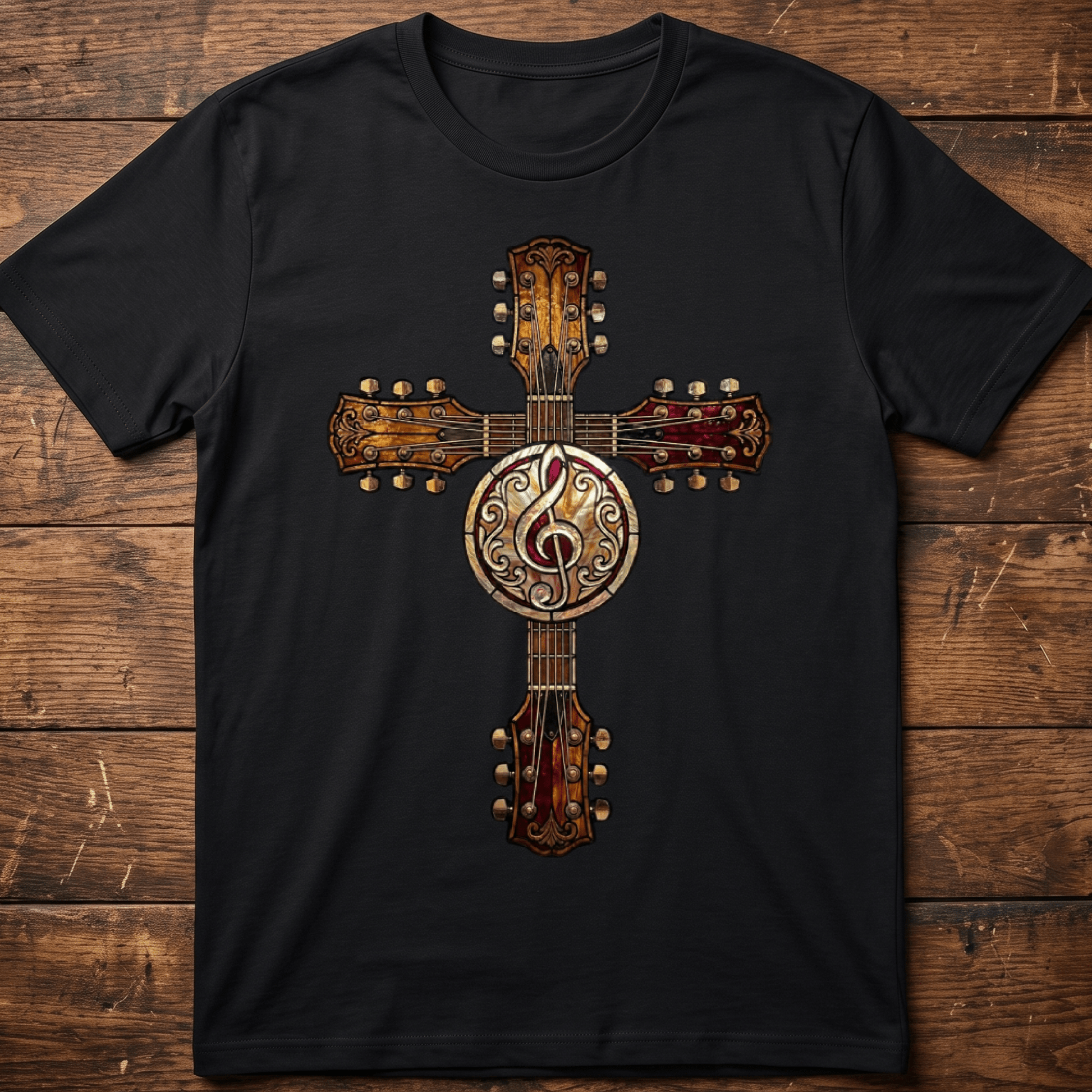Stained Glass Guitar Cross Tee — Musician Faith Shirt - The Music Frontiers