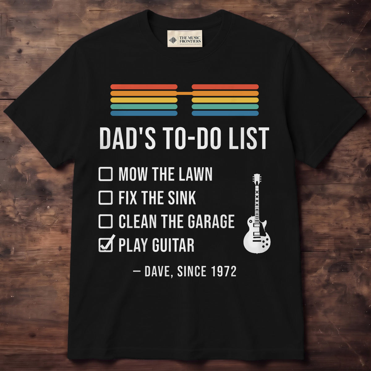 Dad's To-Do List Personalized Shirt, Play Guitar Checked - Black Unisex Standard T-Shirt, front