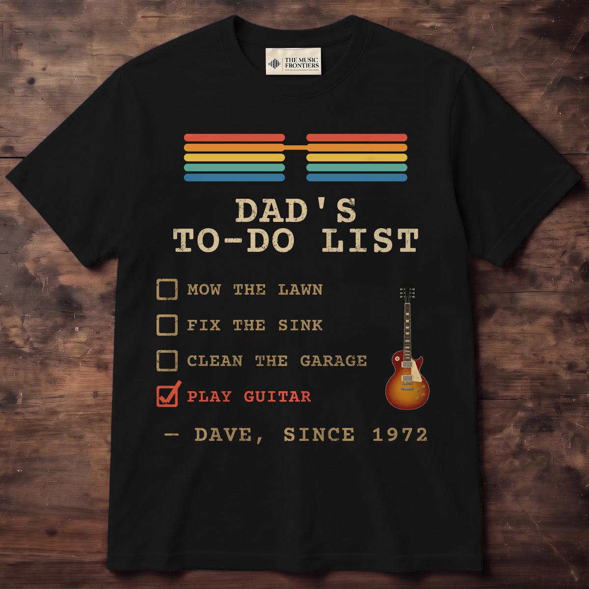 Black t-shirt with the personalized Dad's To-Do List , Play Guitar Checked design