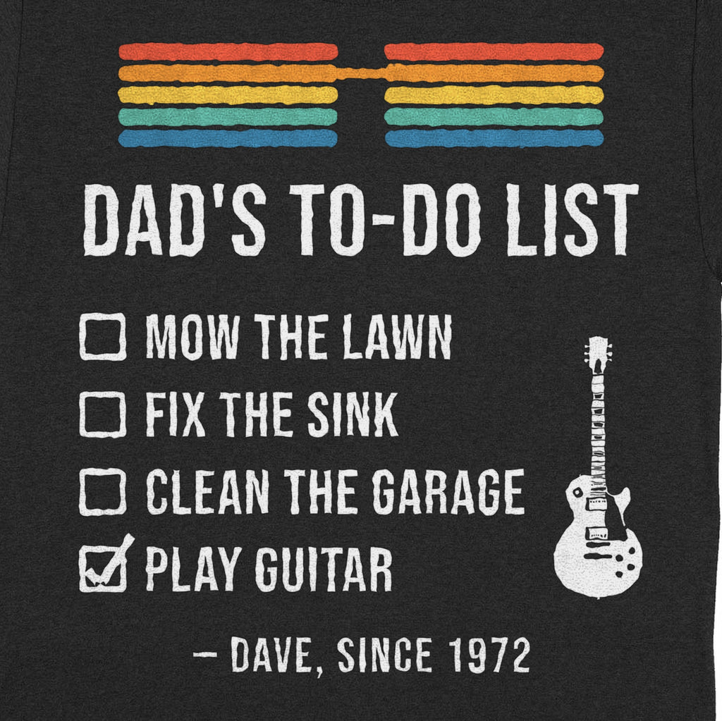 Dad's To-Do List Personalized Shirt, Play Guitar Checked - Close-up of the print on the black shirt
