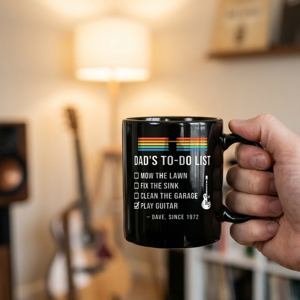 Dad's To-Do List Personalized Shirt, Play Guitar Checked - matching black mug
